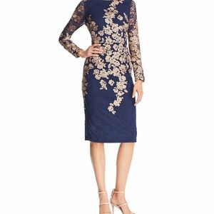 Avery G Embroidered Lace Dress in Navy/Gold